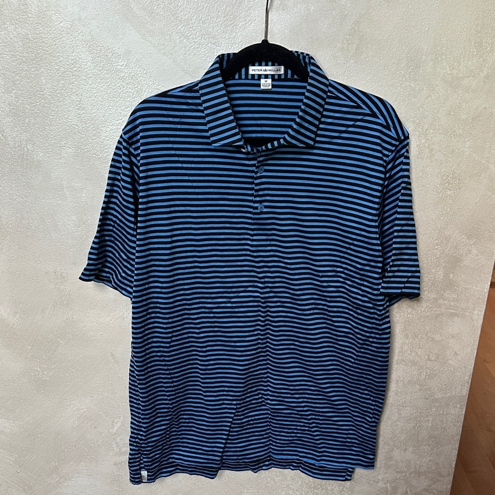Peter Millar Men's Blue and Black Striped polo